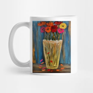 A contemporary painting of some poppies in a metallic gold and silver vase . Mug